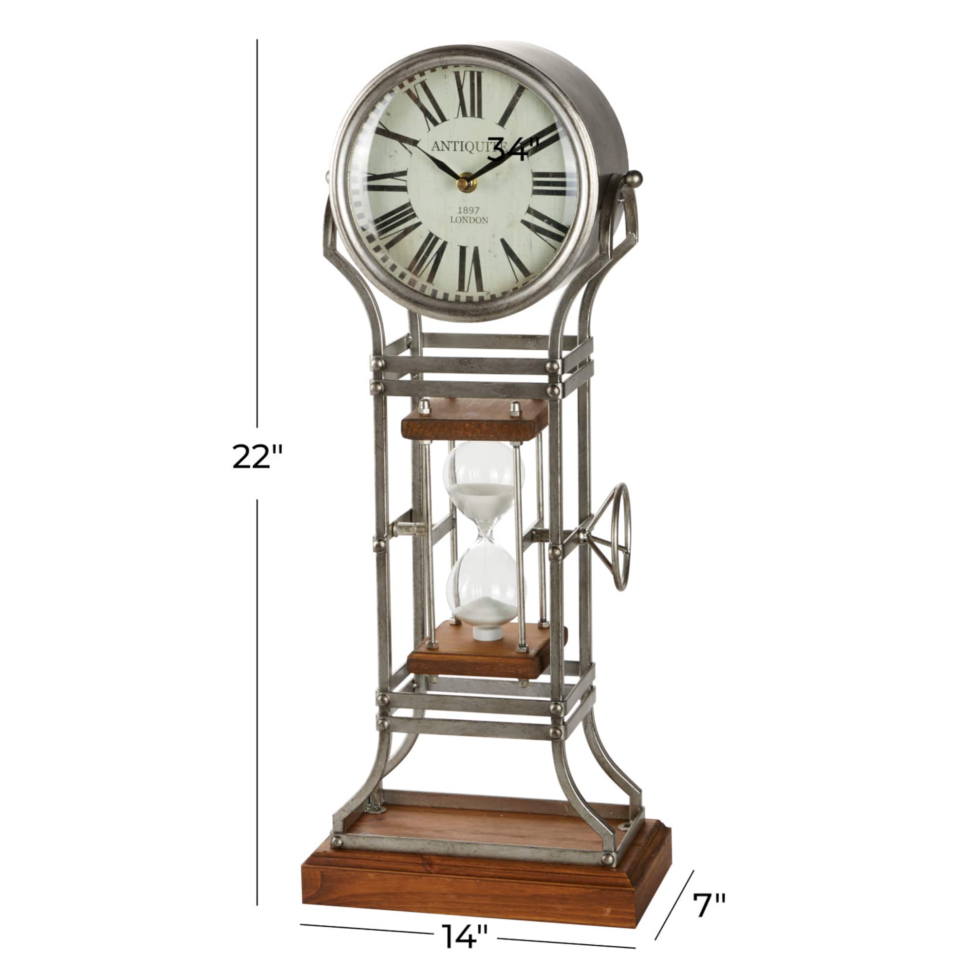 23" Gray Metal Rustic Clock With Hourglass